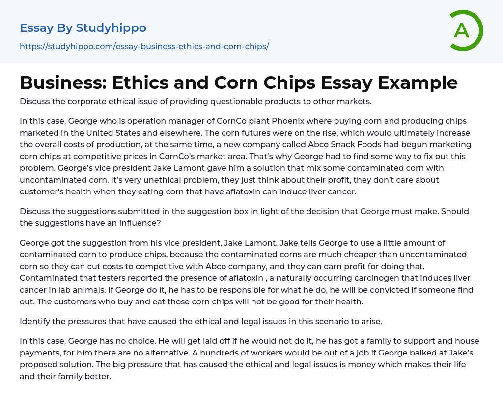 Business: Ethics and Corn Chips Essay Example
