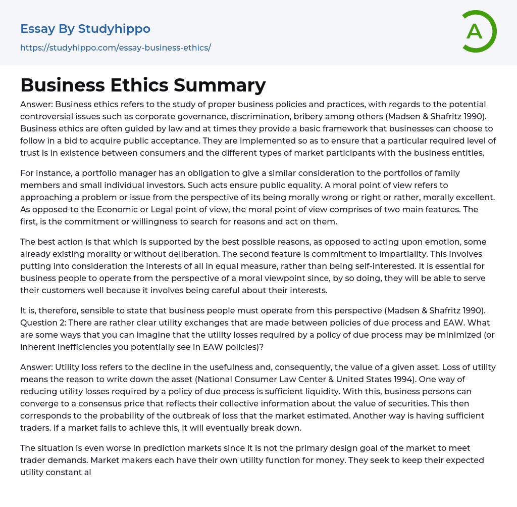 Business Ethics Summary Essay Example