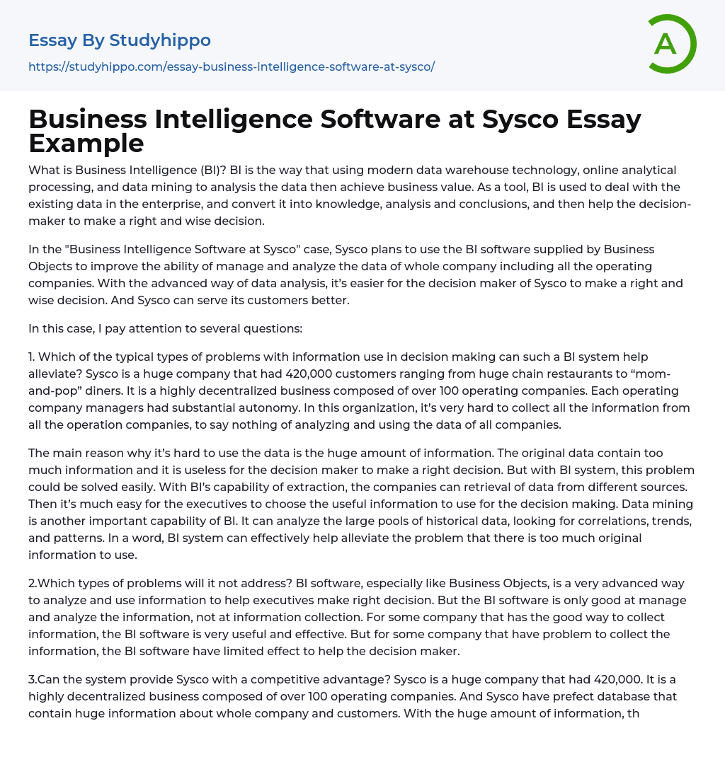 Business Intelligence Software at Sysco Essay Example