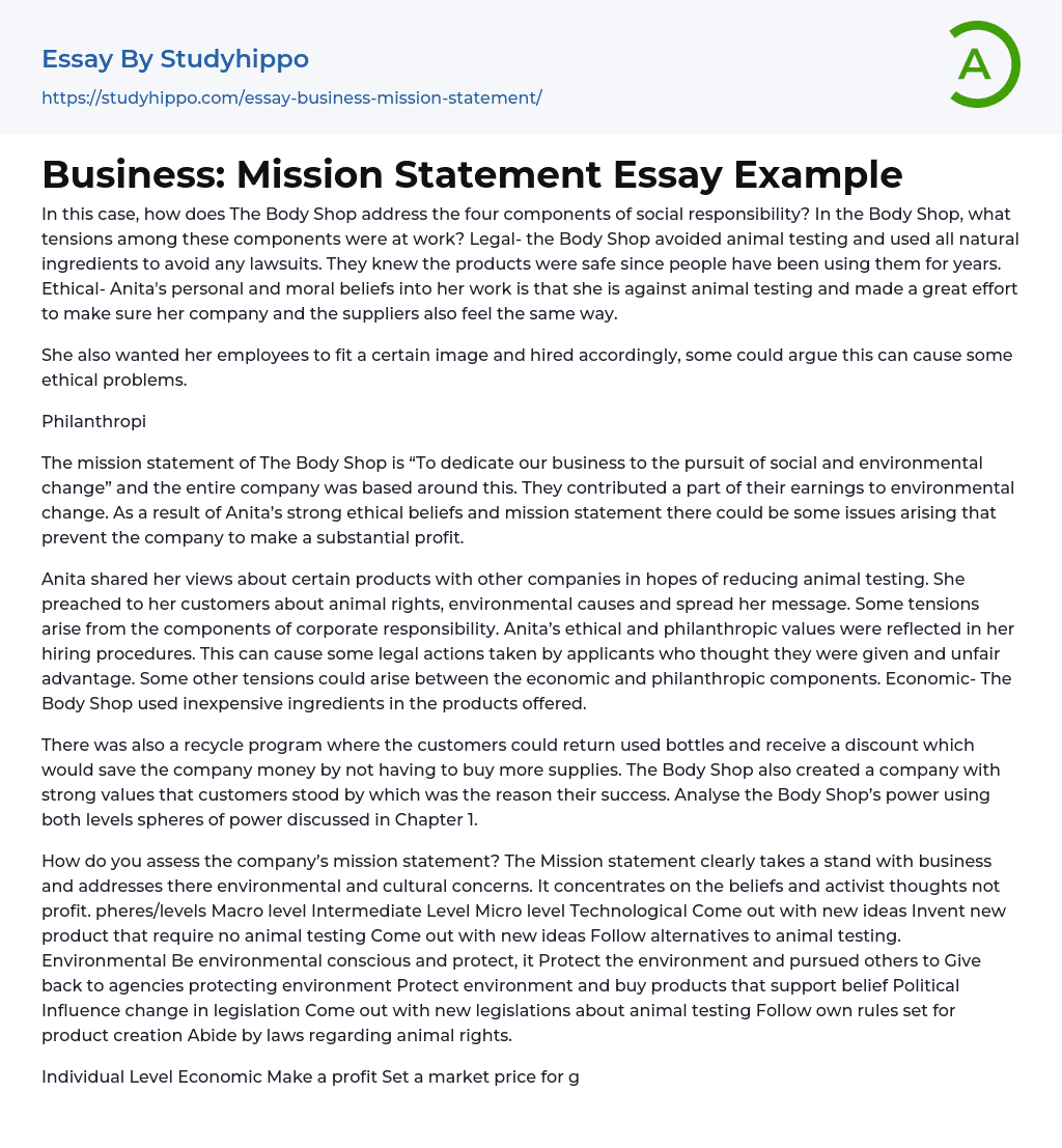 Business: Mission Statement Essay Example