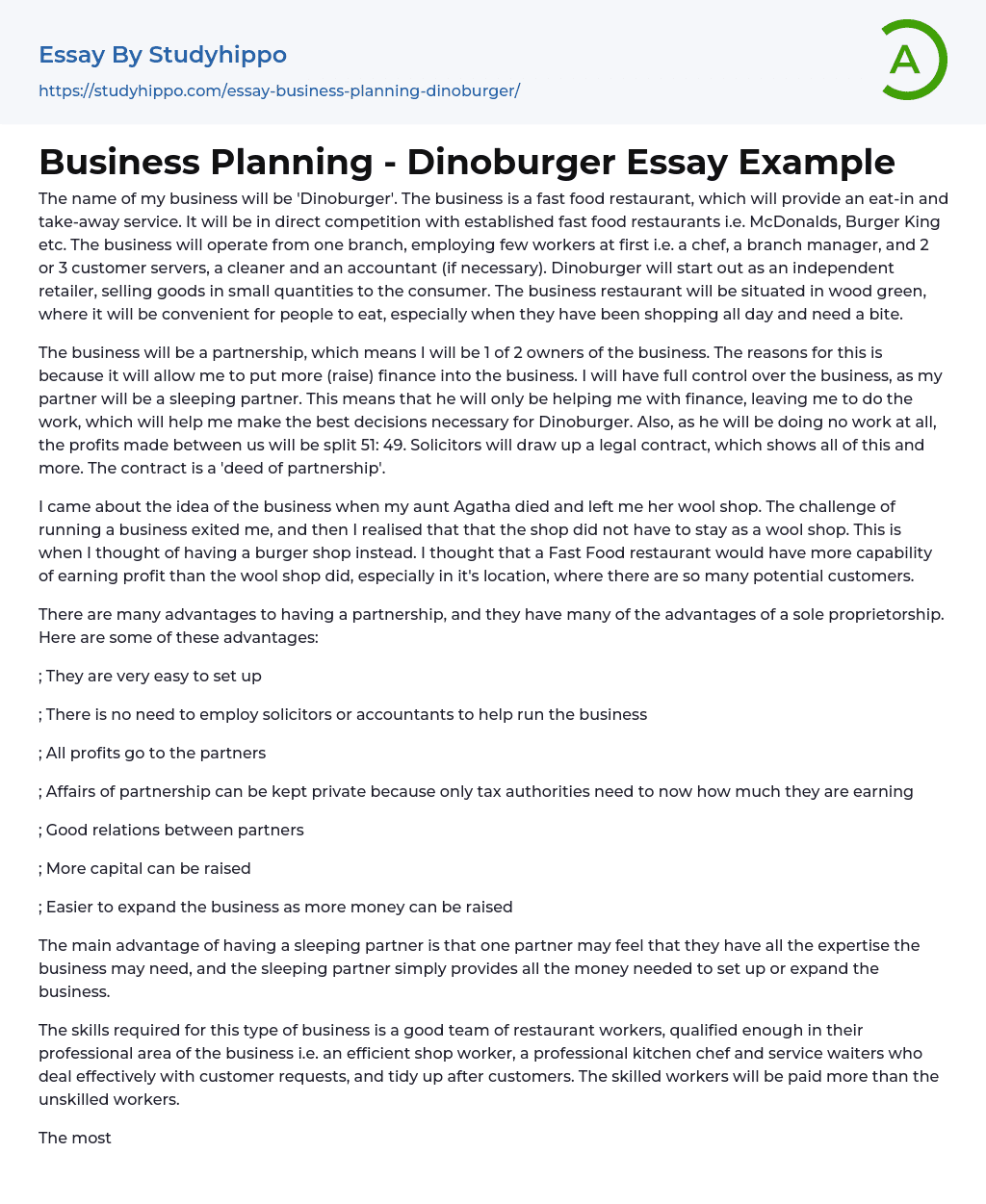 Business Planning – Dinoburger Essay Example