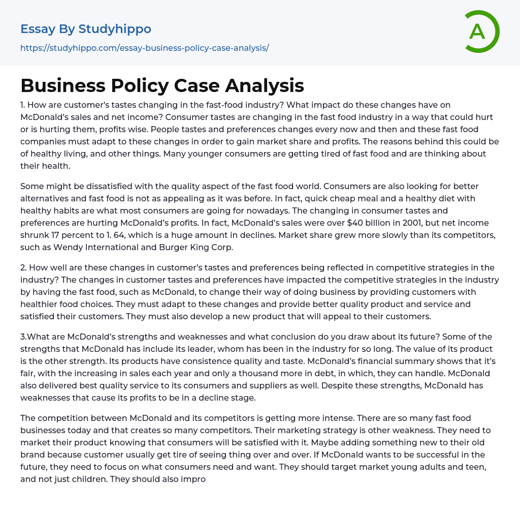 Business Policy Case Analysis Essay Example