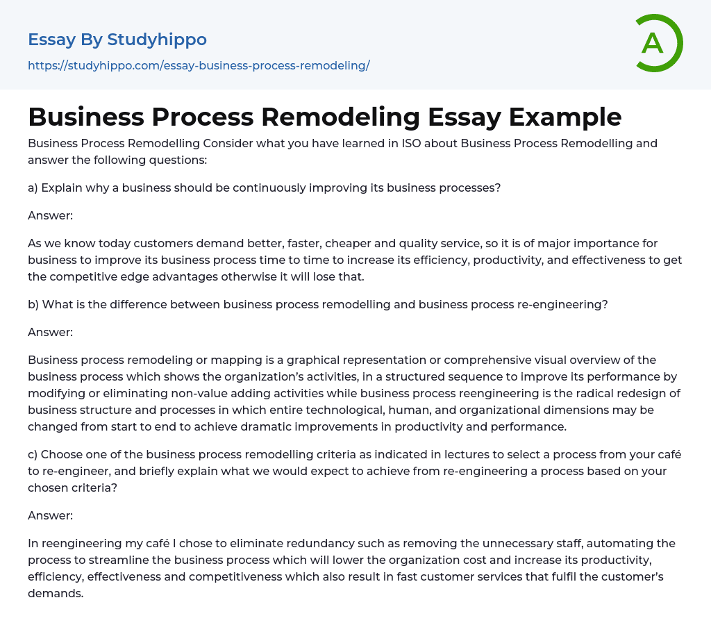 Business Process Remodeling Essay Example