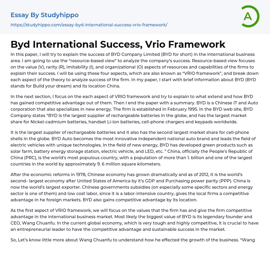 Byd International Success, Vrio Framework Essay Example