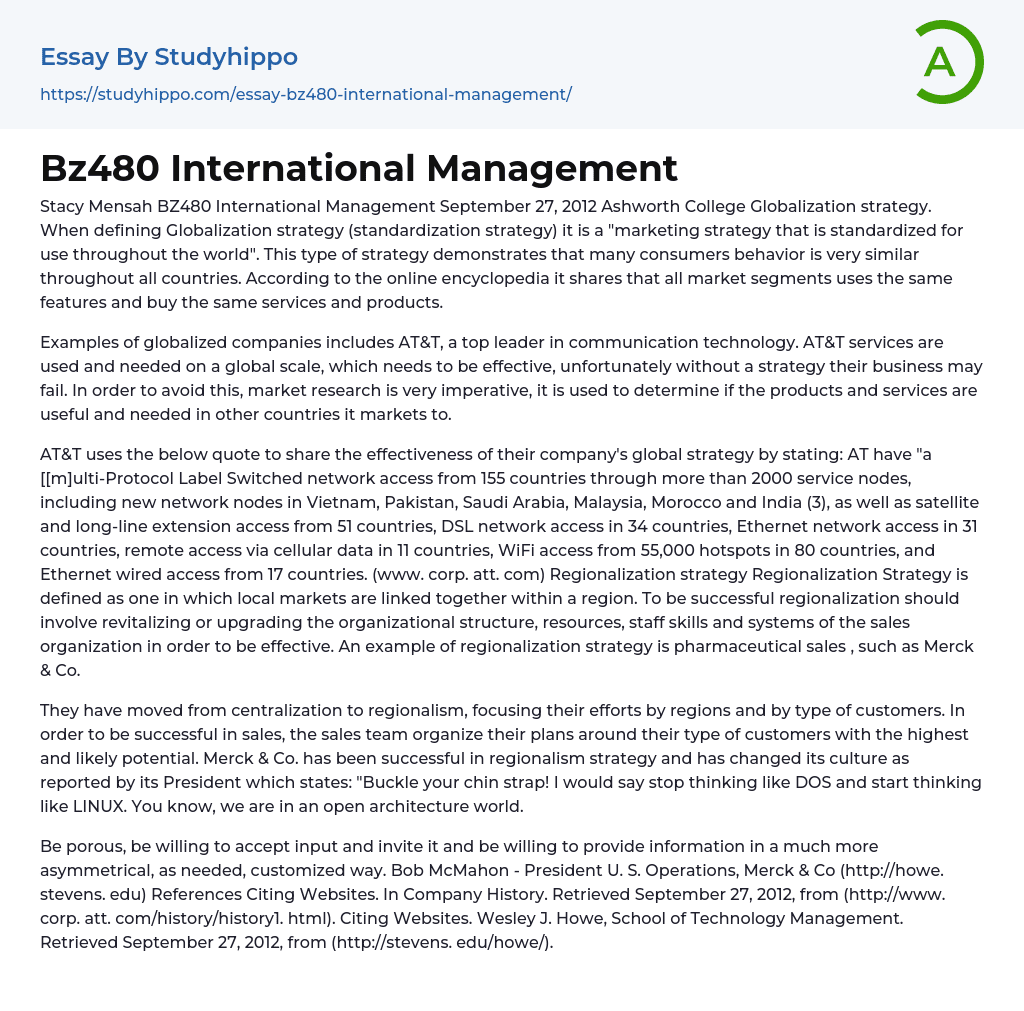 International Management: Globalization Strategy Essay Example