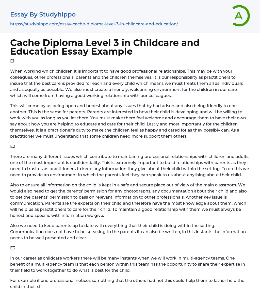 Cache Diploma Level 3 in Childcare and Education Essay Example