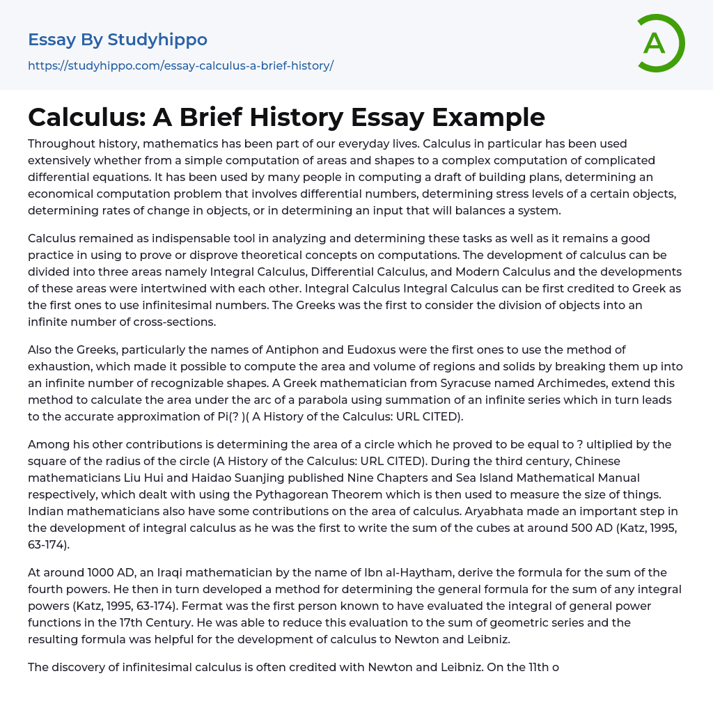 Calculus: A Brief History Essay Example