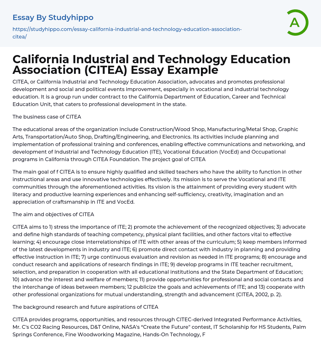 California Industrial and Technology Education Association (CITEA) Essay Example