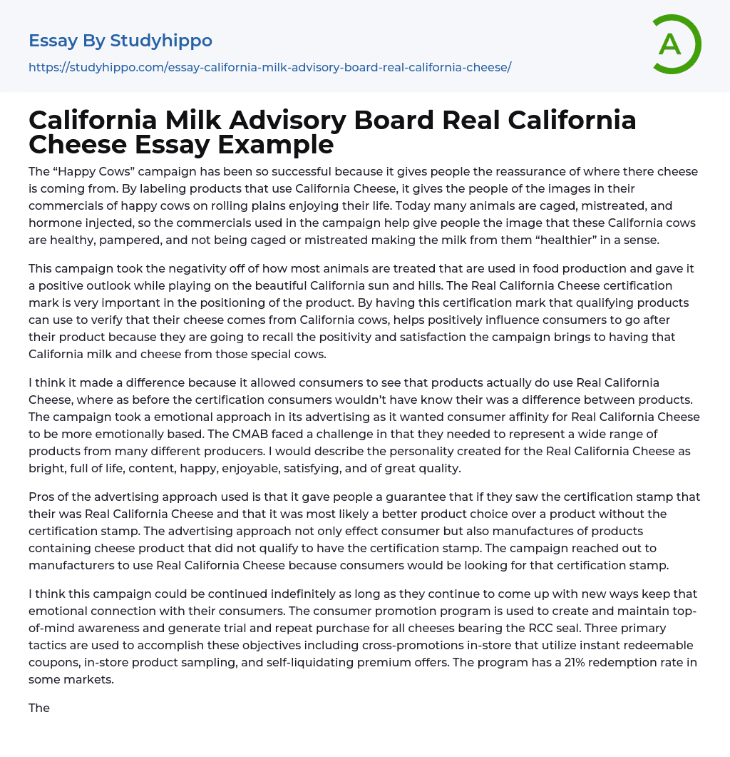 California Milk Advisory Board Real California Cheese Essay Example
