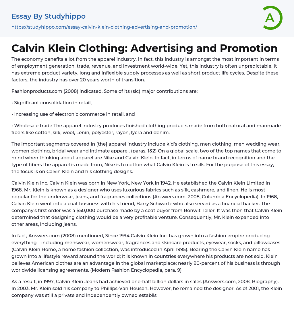 Calvin Klein Clothing: Advertising and Promotion Essay Example