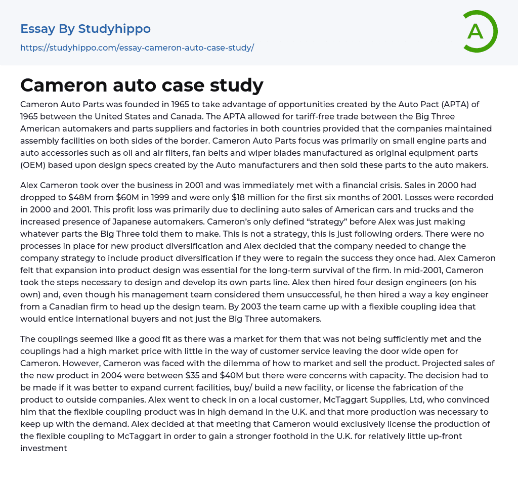 Cameron auto case study Essay Example