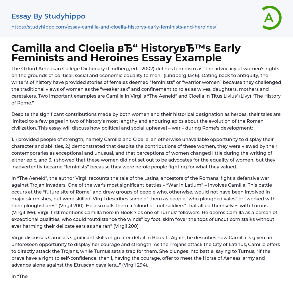 Camilla and Cloelia History’s Early Feminists and Heroines Essay Example
