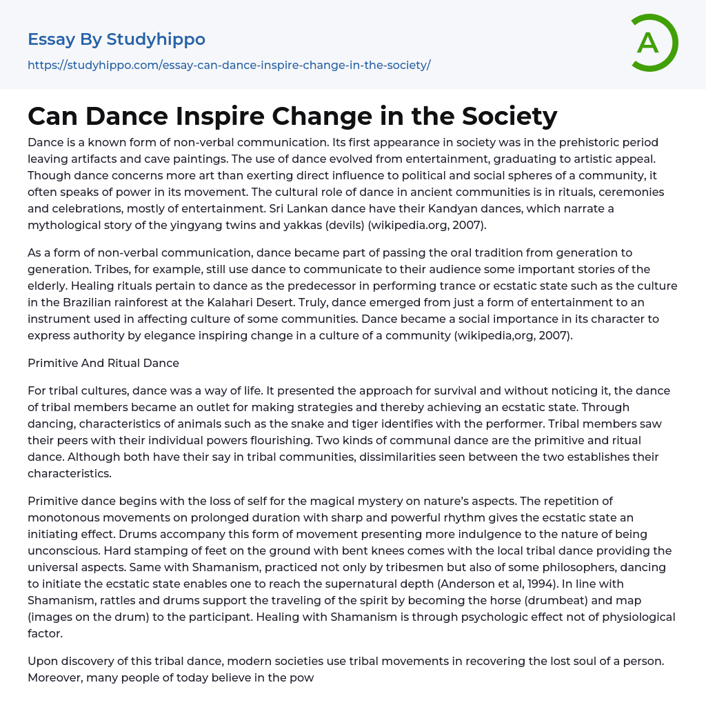 Can Dance Inspire Change in the Society Essay Example
