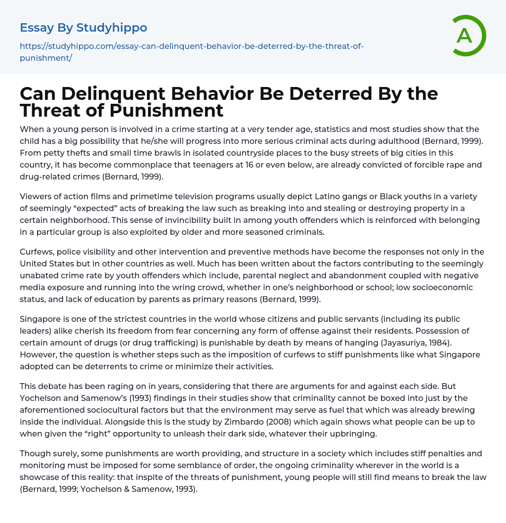 Can Delinquent Behavior Be Deterred By the Threat of Punishment Essay Example