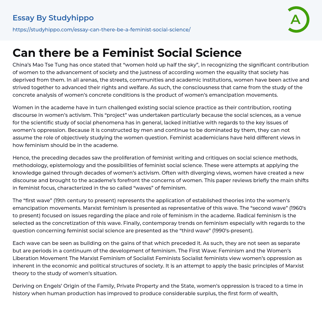 Can there be a Feminist Social Science Essay Example