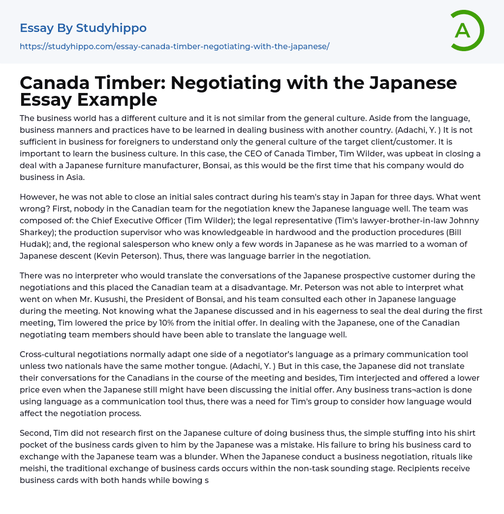 Canada Timber: Negotiating with the Japanese Essay Example