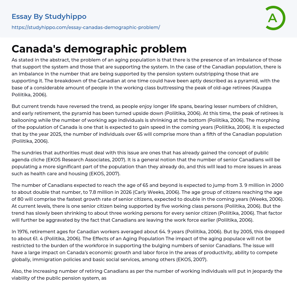 Canada’s demographic problem Essay Example