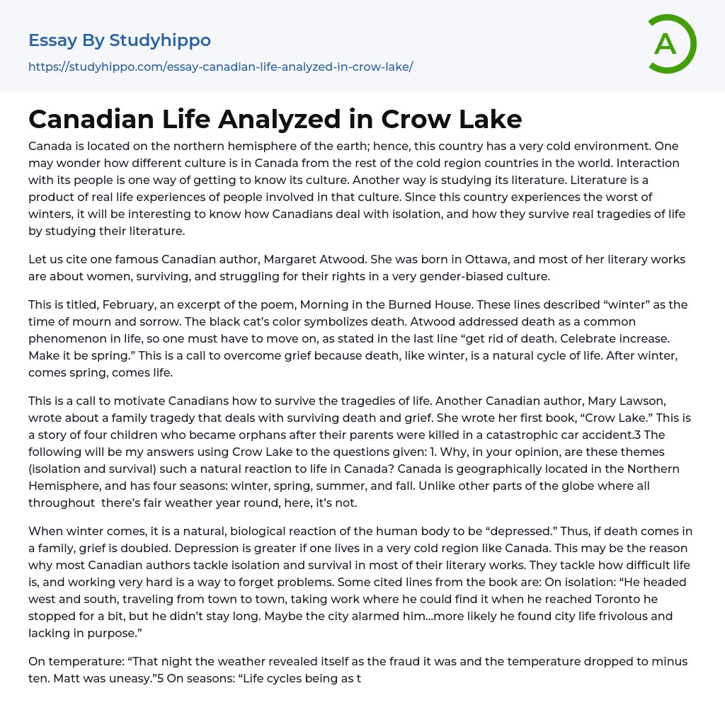 Canadian Life Analyzed in Crow Lake Essay Example