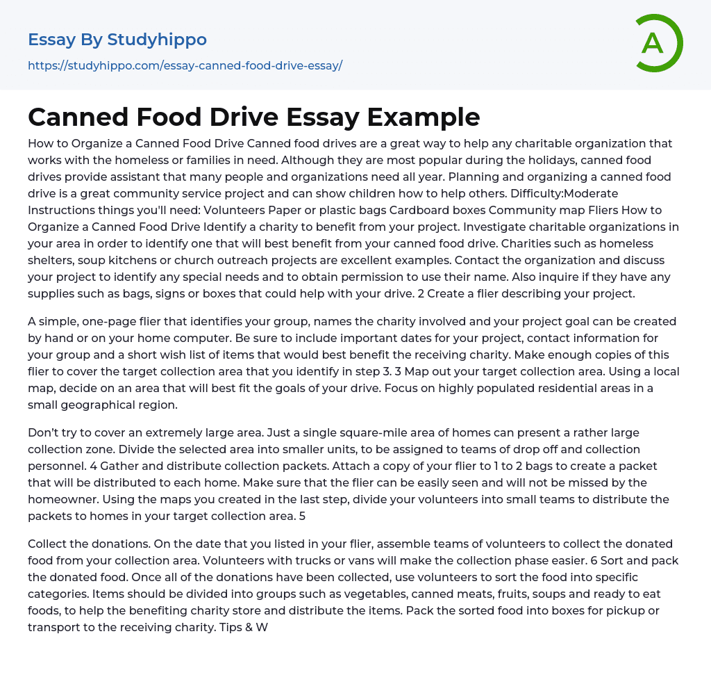 Canned Food Drive Essay Example