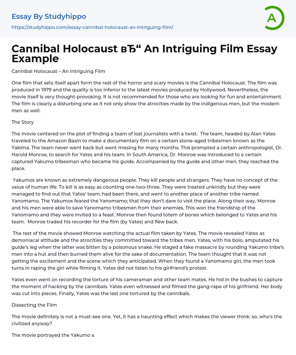 Cannibal Holocaust An Intriguing Film Essay Example