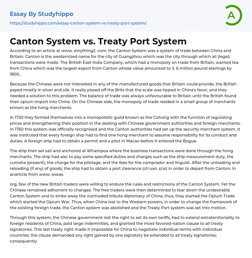 Canton System vs. Treaty Port System Essay Example