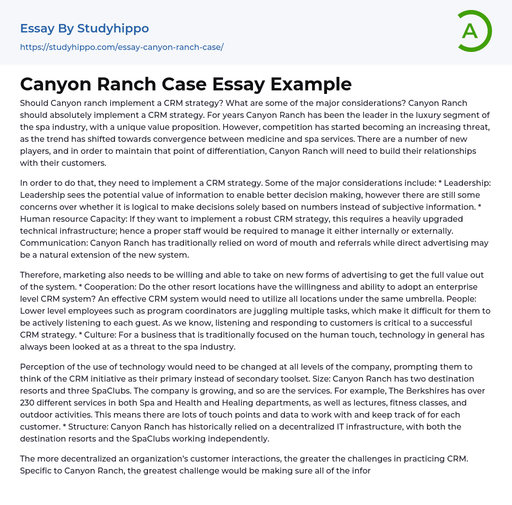 Canyon Ranch Case Essay Example