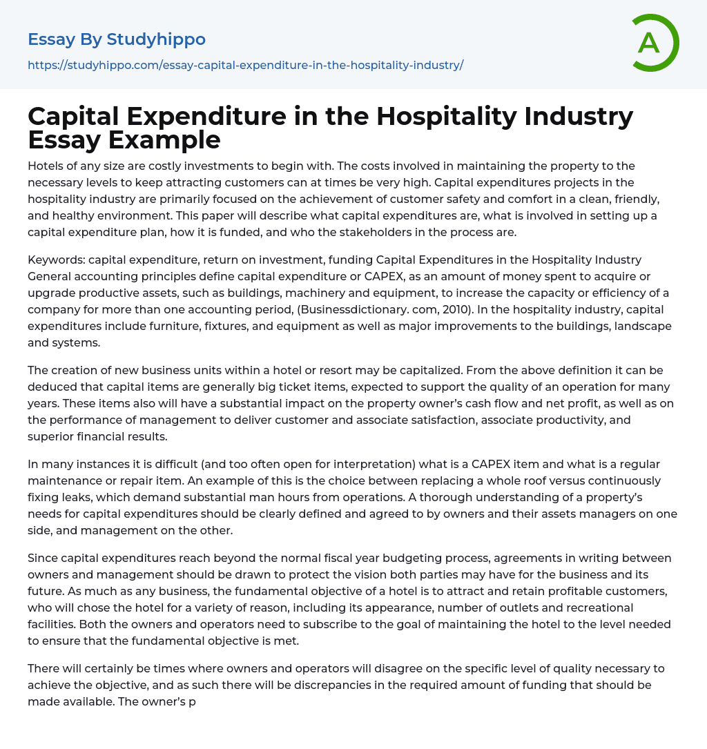 Capital Expenditure in the Hospitality Industry Essay Example