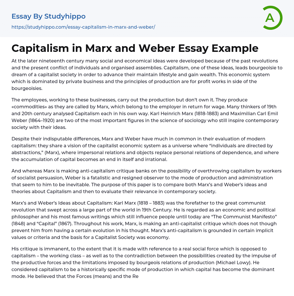 Capitalism in Marx and Weber Essay Example