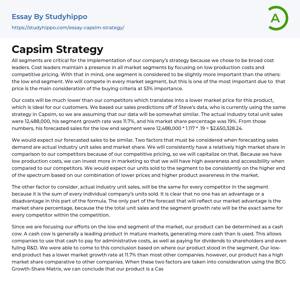 Capsim Strategy Essay Example