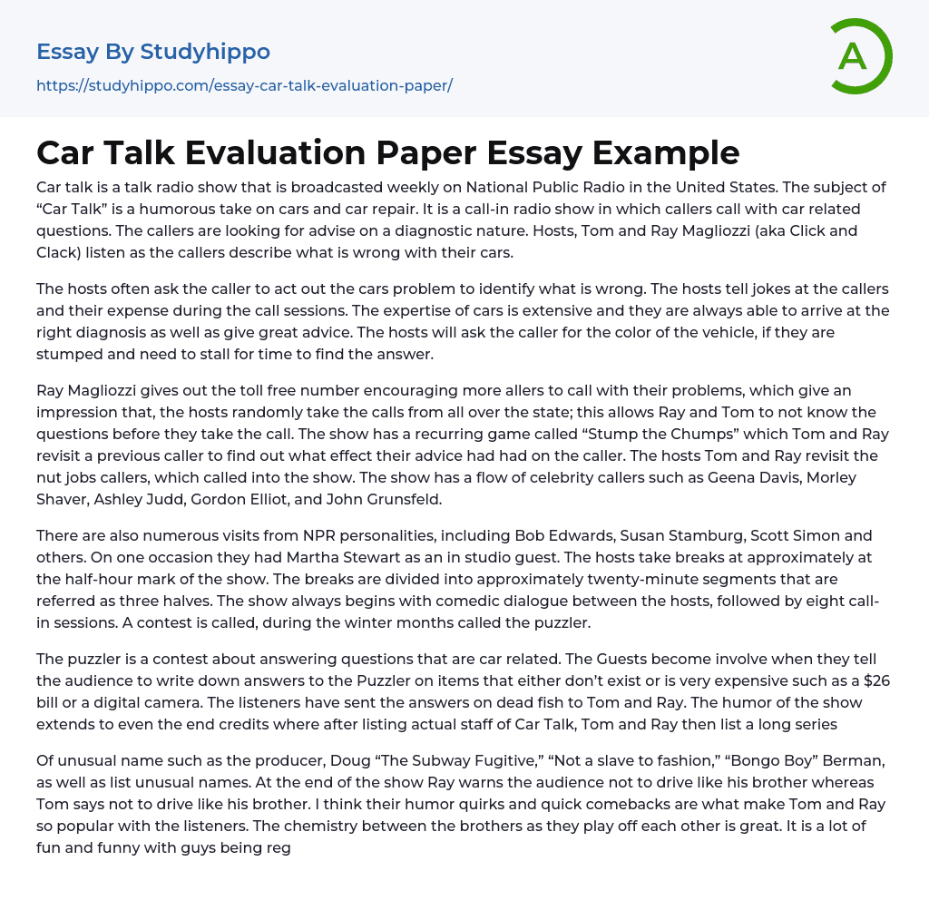 Car Talk Evaluation Paper Essay Example