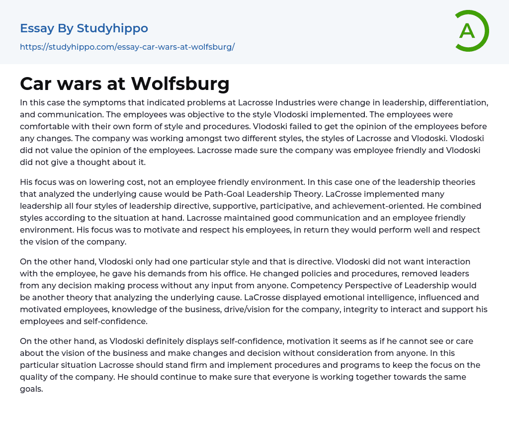 Car wars at Wolfsburg Essay Example