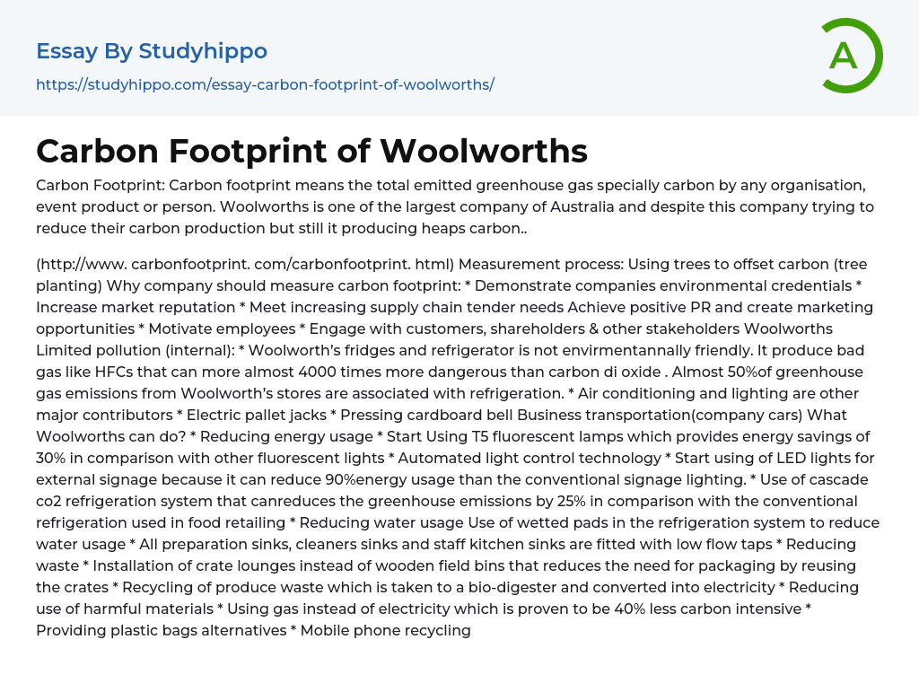 Carbon Footprint of Woolworths Essay Example