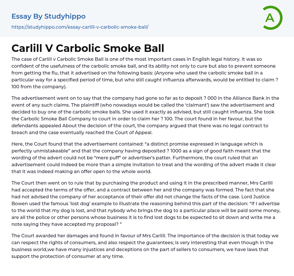Carlill V Carbolic Smoke Ball Essay Example