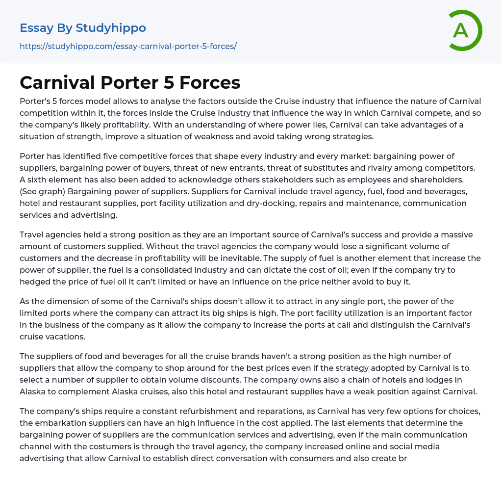 Carnival Porter 5 Forces Essay Example