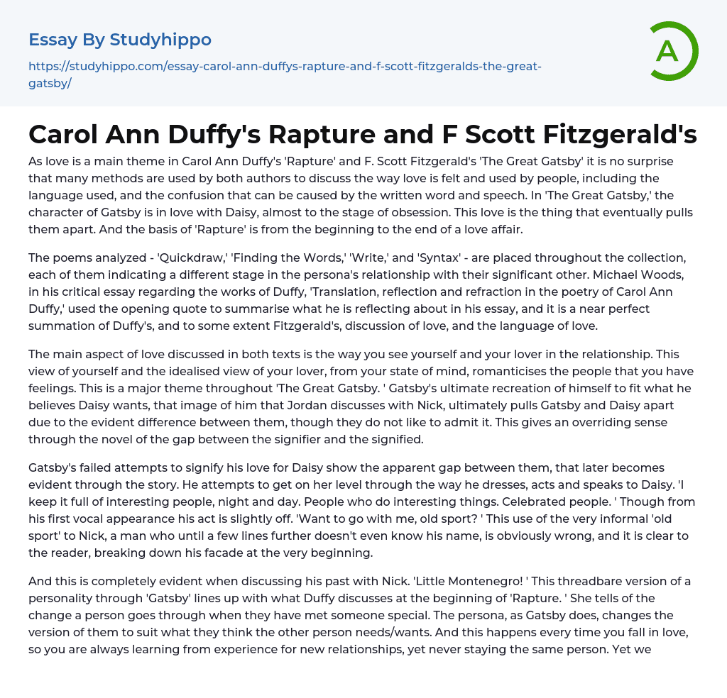 Carol Ann Duffy’s Rapture and F Scott Fitzgerald’s Essay Example
