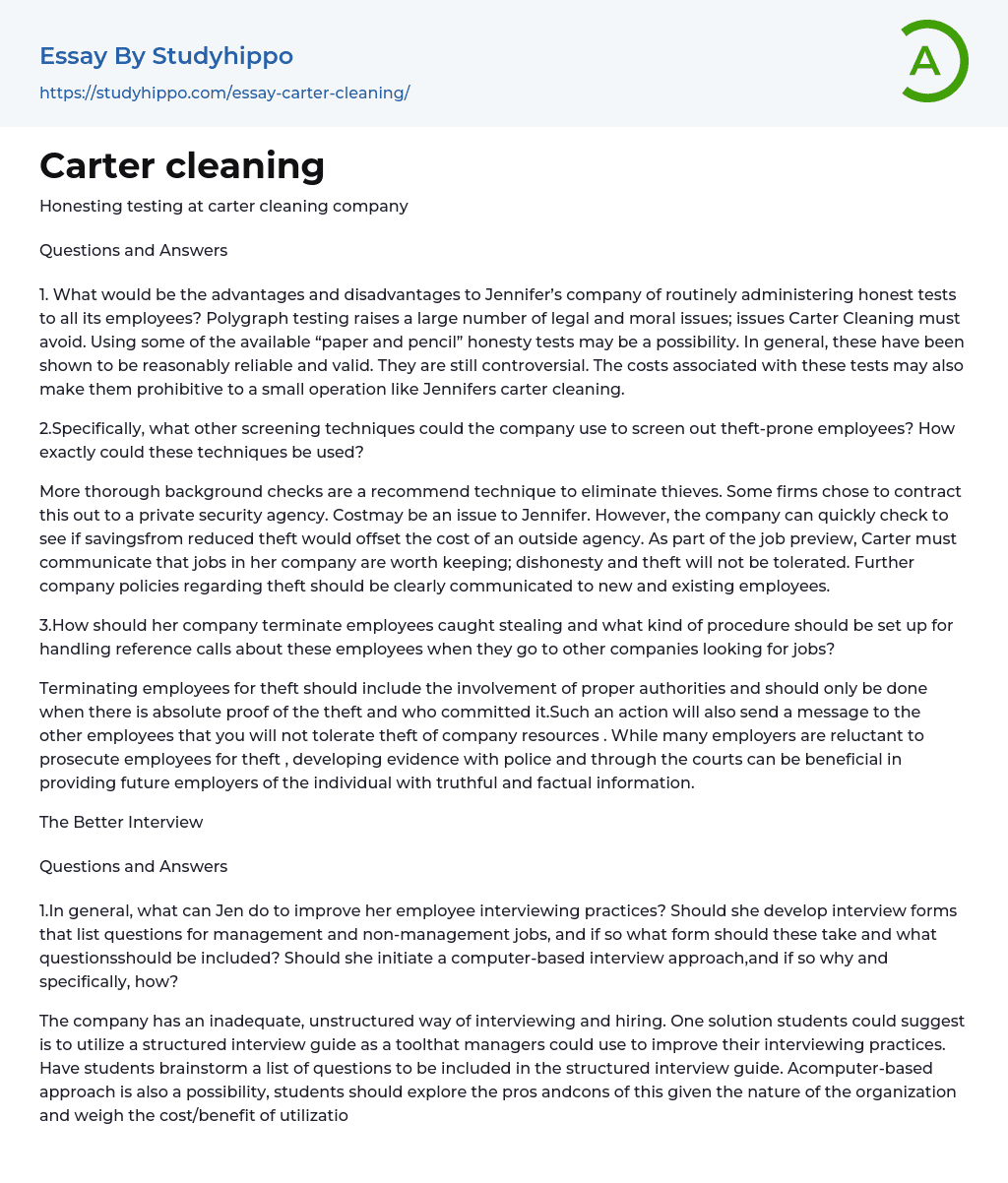 Carter cleaning Essay Example