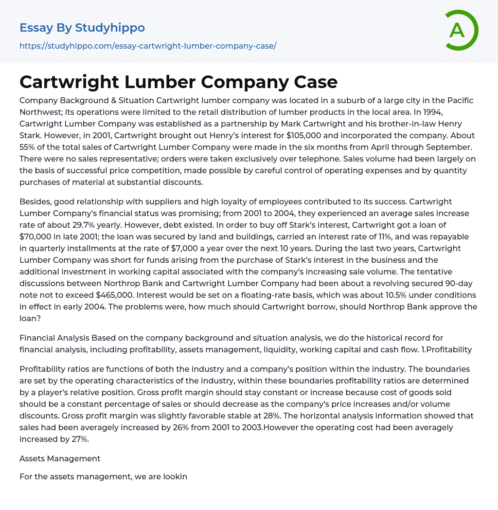Analysis Cartwright Lumber Company Essay Example