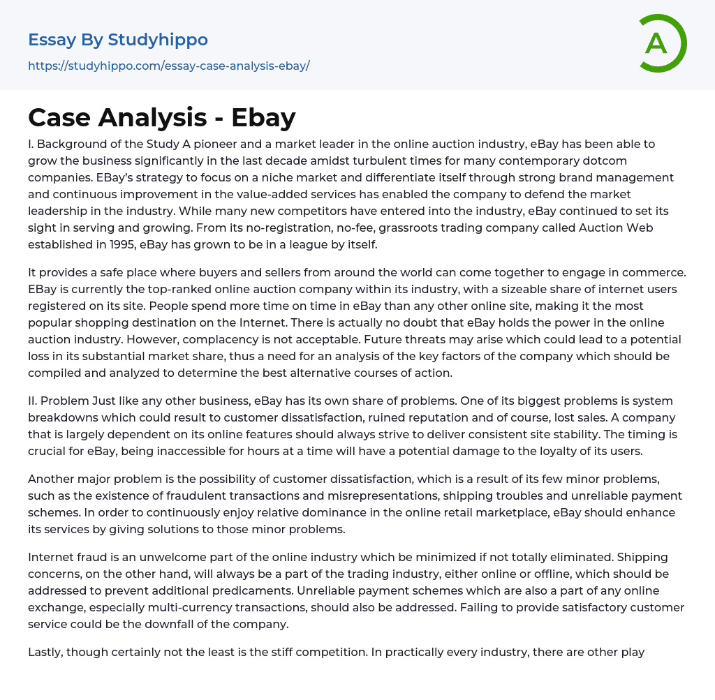 Case Analysis – Ebay Essay Example