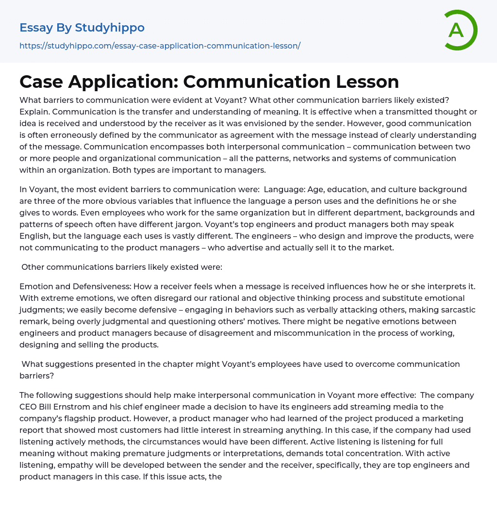Case Application: Communication Lesson Essay Example