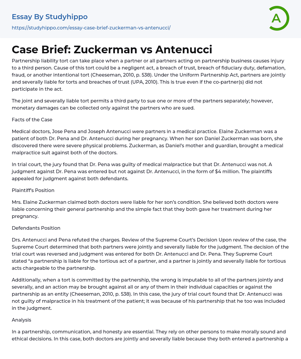 Case Brief: Zuckerman vs Antenucci Essay Example