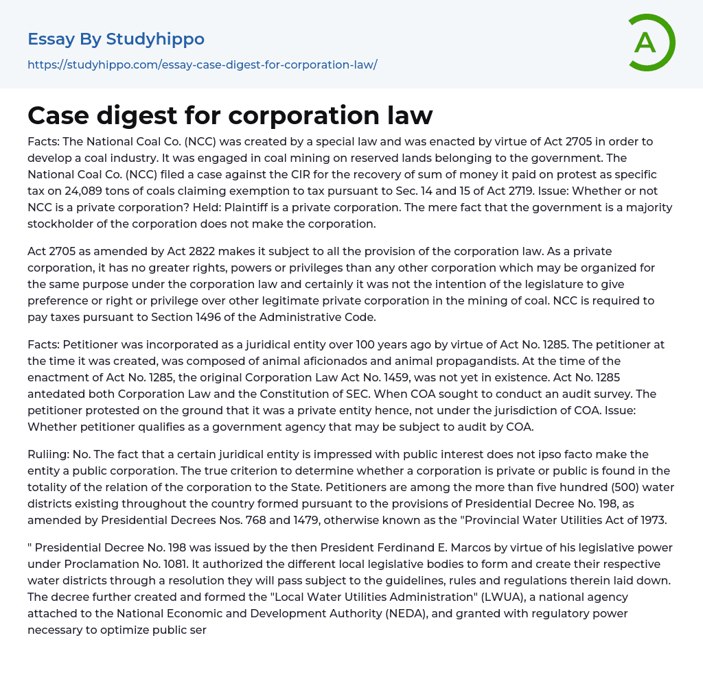 Case digest for corporation law Essay Example