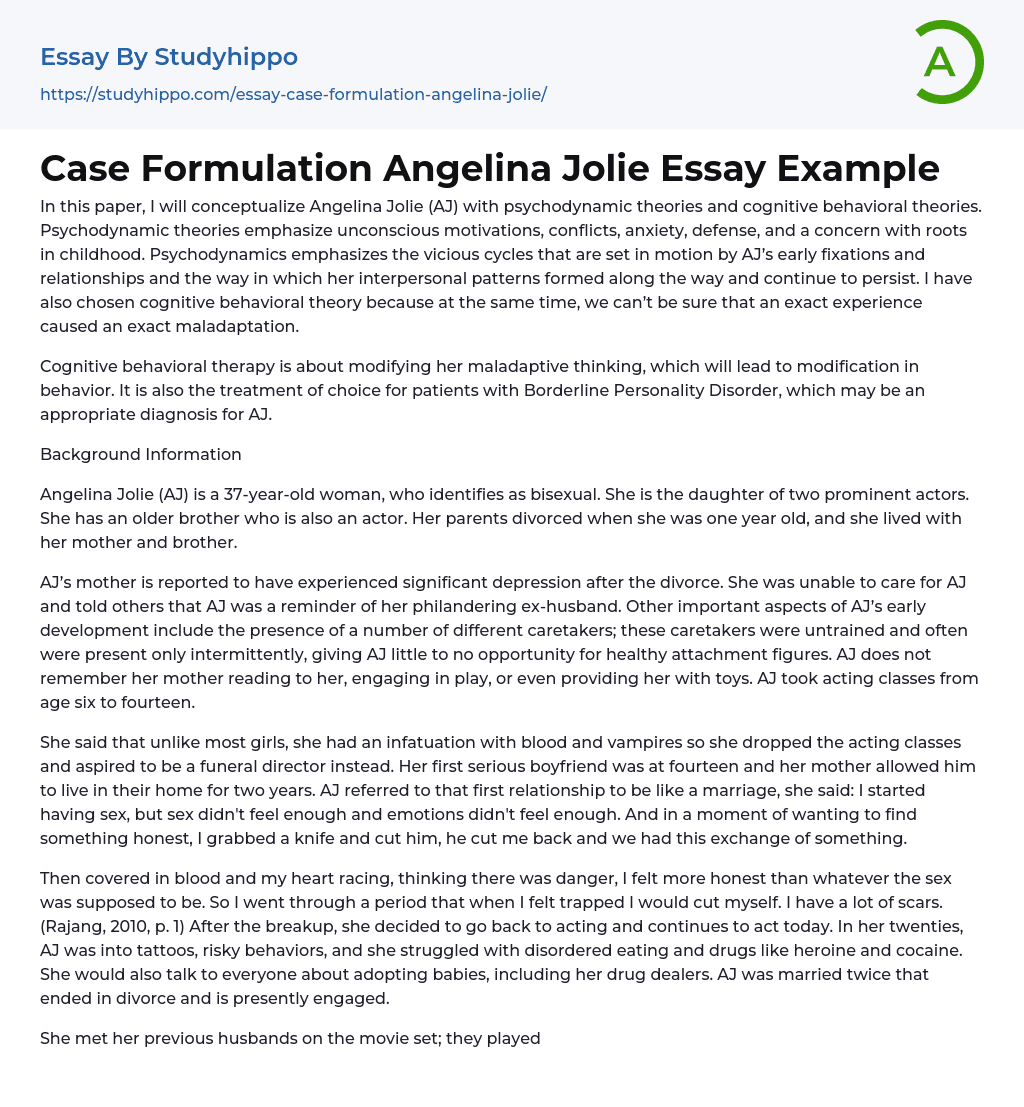 Case Formulation Angelina Jolie Essay Example