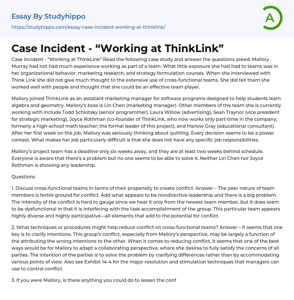 Case Incident – “Working at ThinkLink” Essay Example