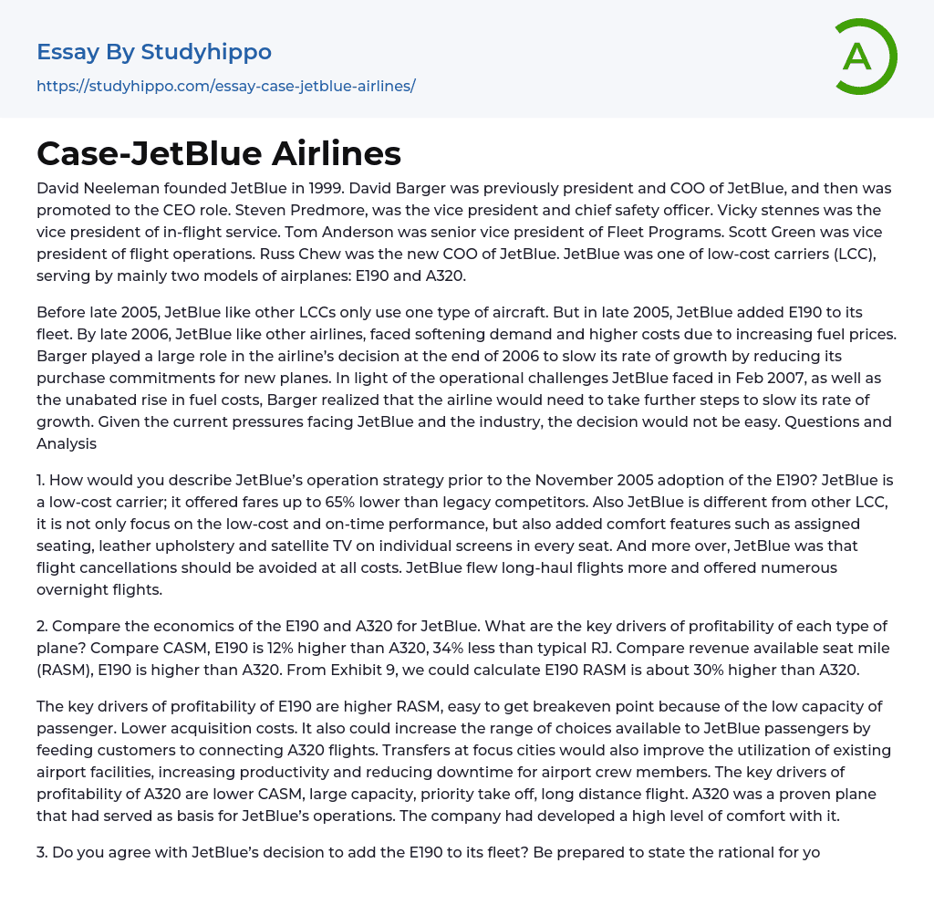 Case-JetBlue Airlines Essay Example