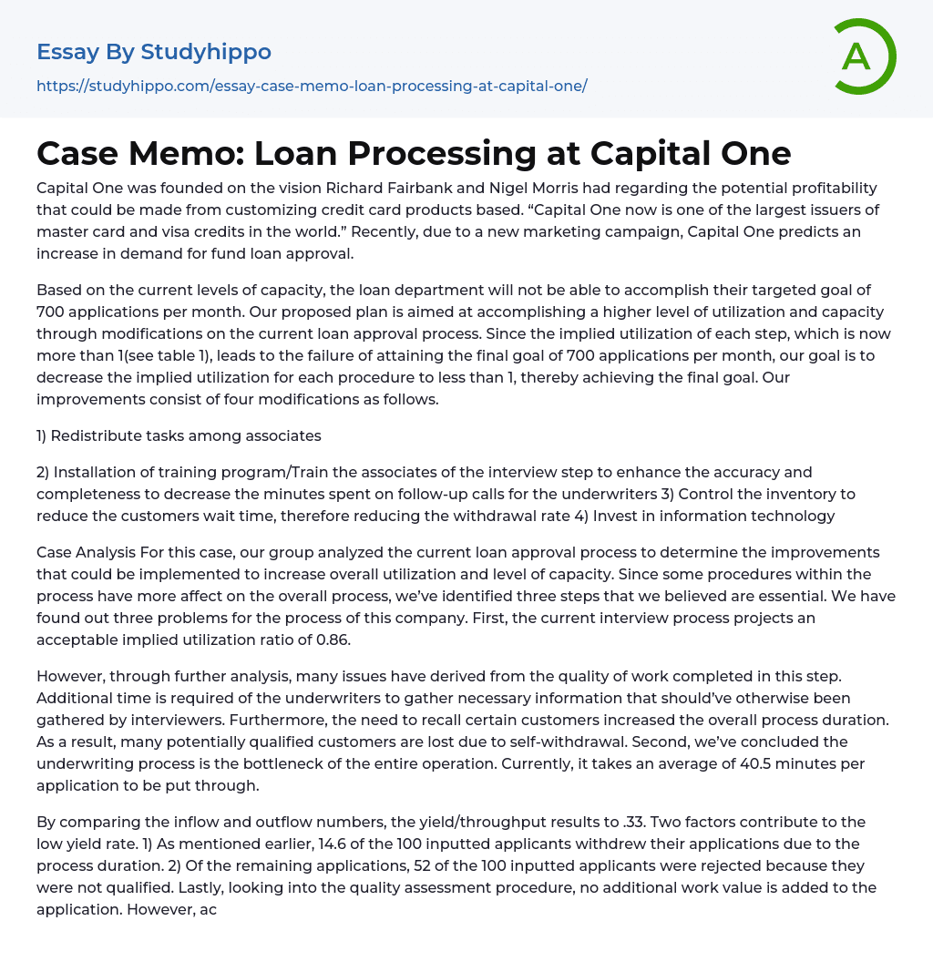 Case Memo: Loan Processing at Capital One Essay Example