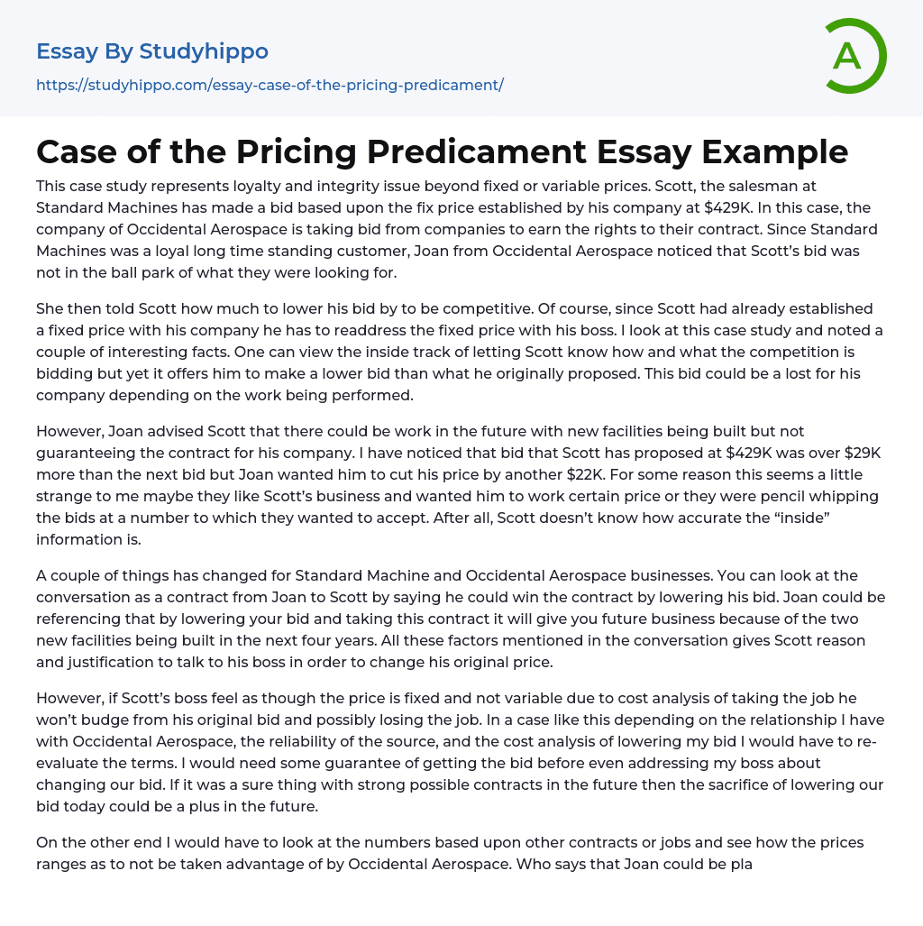 Case of the Pricing Predicament Essay Example