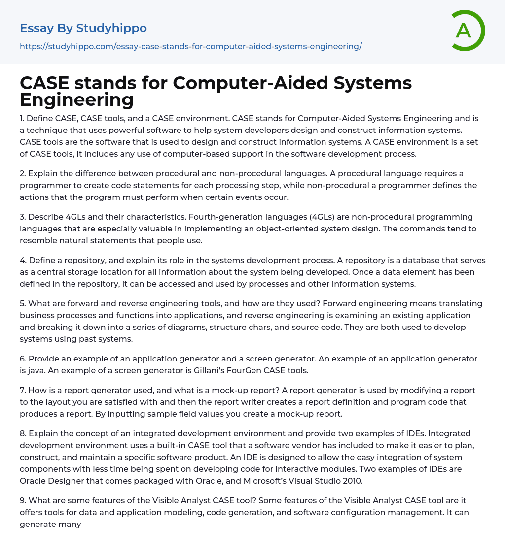CASE stands for Computer-Aided Systems Engineering Essay Example