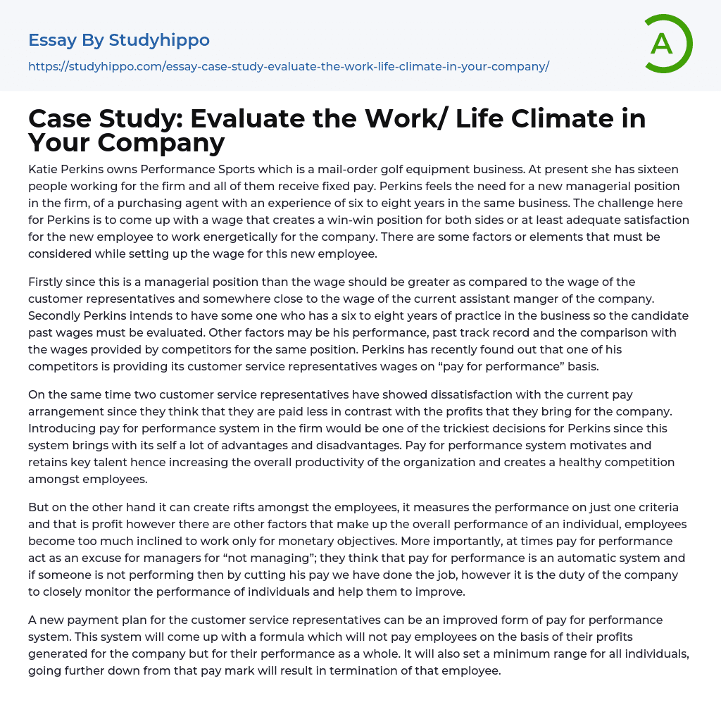 Case Study: Evaluate the Work/ Life Climate in Your Company Essay Example