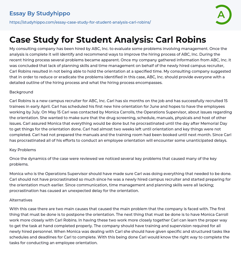 Case Study for Student Analysis: Carl Robins Essay Example