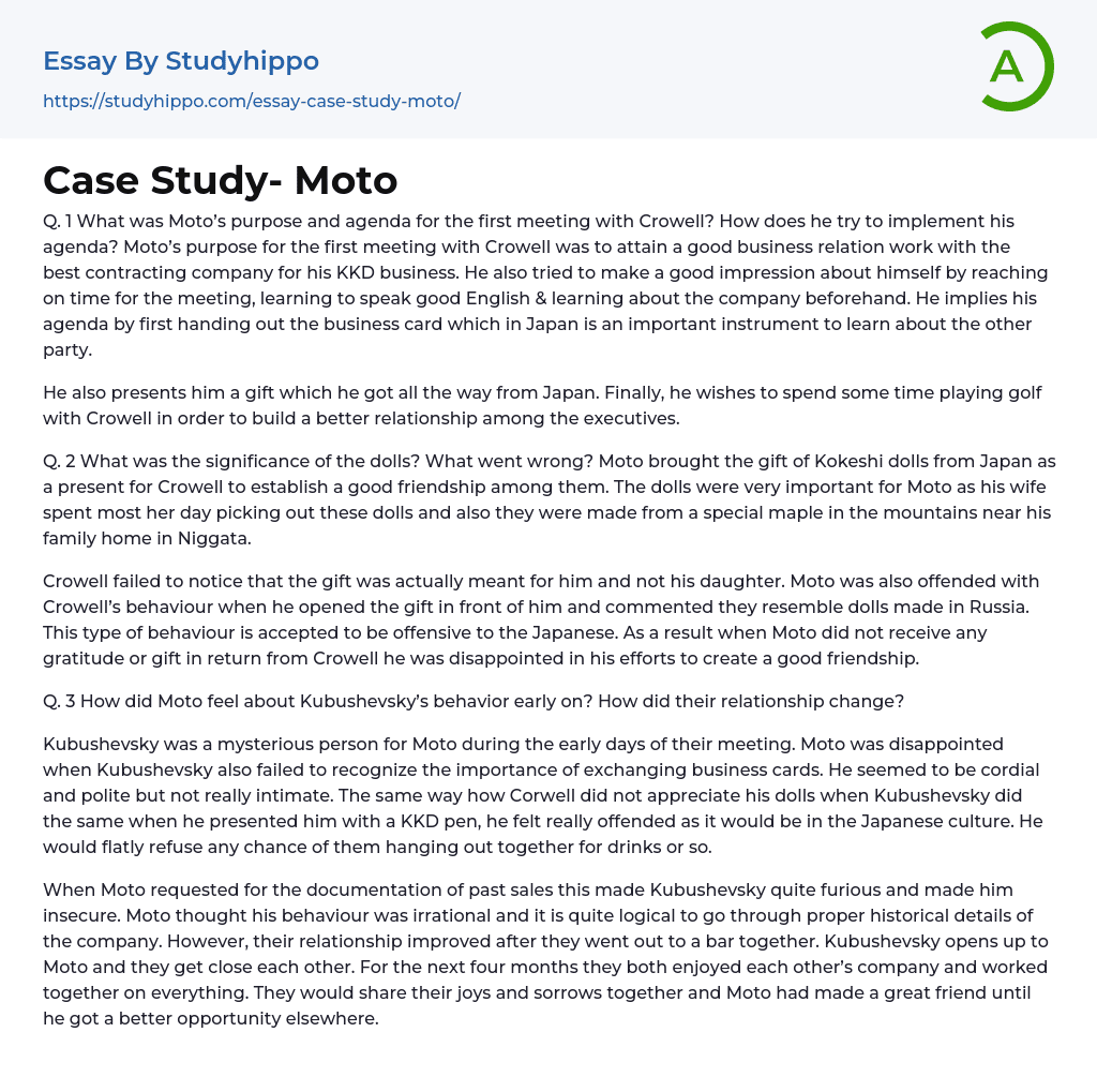 Case Study- Moto Essay Example